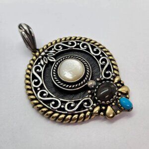 Carolyn Pollack Sterling Brass Mother of Pearl Turquoise Pendant Medallion Bold!